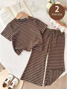 SHEIN LMoss Kids Baby Girl Striped Round Neck Short Sleeve T-Shirt And Pants Casual Outfit - Multicolor - View 1