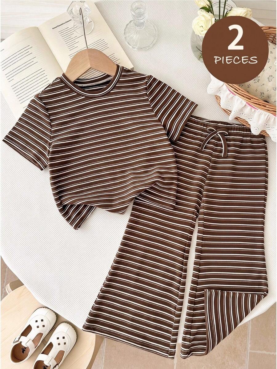 SHEIN LMoss Kids Baby Girl Striped Round Neck Short Sleeve T-Shirt And Pants Casual Outfit - Multicolor - View 1