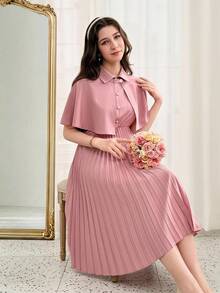 SHEIN 两件套：复古优雅披肩领纽扣上衣和褶边连衣裙，适合少女 - 粉色 - 查看 1