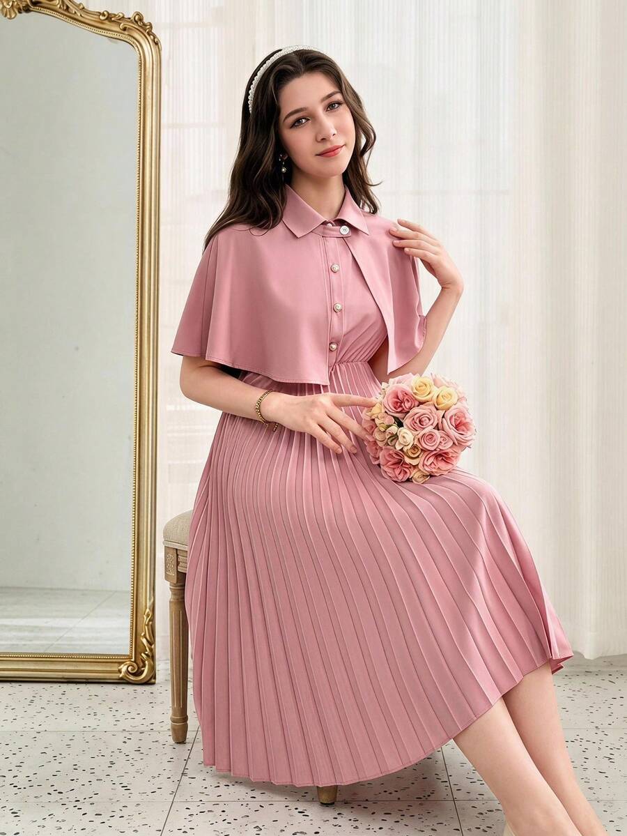 SHEIN 两件套:复古优雅披肩领纽扣上衣和褶边连衣裙,适合少女 - 粉色 - 查看 1