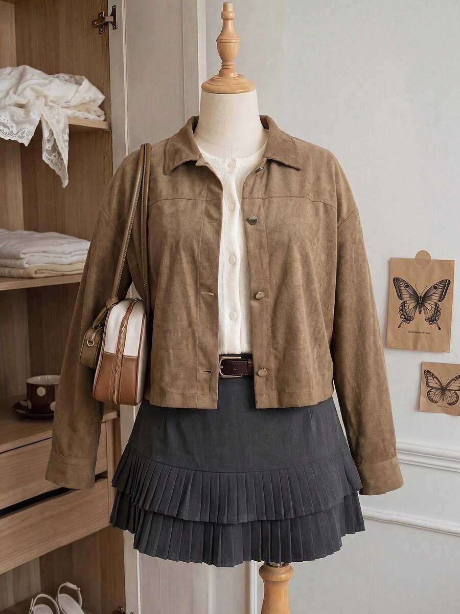 CovetEZ Women's Plus Size Solid Color Single-Breasted Casual Versatile Daily Long Sleeve Jacket - Khaki - View 1
