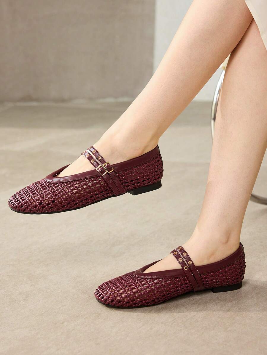 MOTF Giày búp bê nữ mũi tròn đan dây mùa xuân - Màu Đỏ Sâu - Xem 2