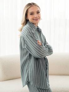 Ximena Robles Ximena Robles 女款條紋落肩長袖單排扣襯衫與長褲休閒兩件套居家服套裝，優雅短套裝 - 藏蓝色 - 查看 5