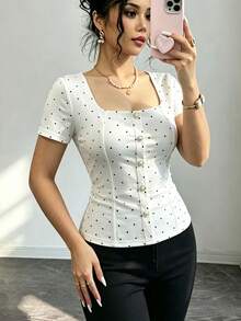 Elenzga Plus Size Women's Woven Regular Fit French 1950s Vintage Minimalist Round Neck Short Sleeve Cinched Waist White Polka Dot Pearl Button Blouse Summer - Beige - View 1