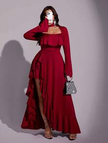 Viva Relle Plus-Size Women's Square-Neck Asymmetrical Ruffled A-Line Party Red Dress - Burgundy - View 2