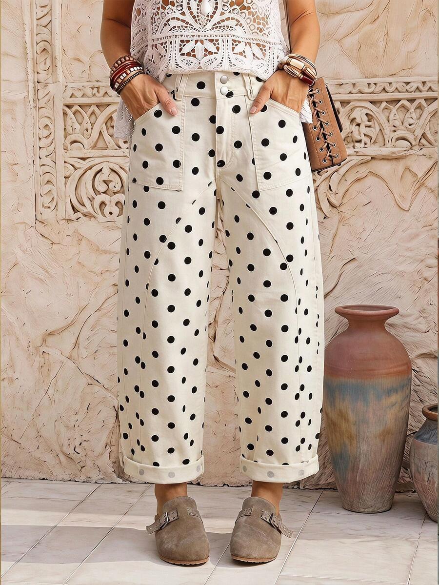 EMERY ROSE Women's Polka Dot Print Flared Leg Jeans Vacation Black White Polka Dot Summer Boho - Beige - View 1