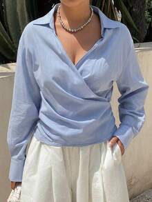 Dazy Plus Solid Color Loose Fit Asymmetrical Collar Tie Long Sleeve Casual Vacation Summer Top Spring Autumn Shirt - Blue - View 1