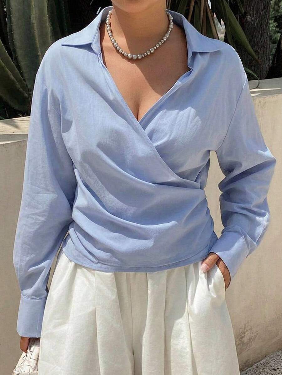 Dazy Plus Solid Color Loose Fit Asymmetrical Collar Tie Long Sleeve Casual Vacation Summer Top Spring Autumn Shirt - Blue - View 1