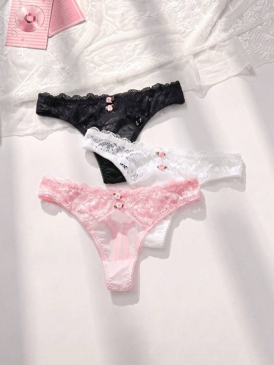 PetitDoll 3 件装花卉蕾丝丁字裤套装性感内衣 - 彩色 - 查看 1