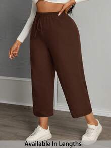 SHEIN PETITE CURVE 女款大尺碼純色腰部綁帶寬腿休閒九分褲 - 咖啡棕 - 查看 1