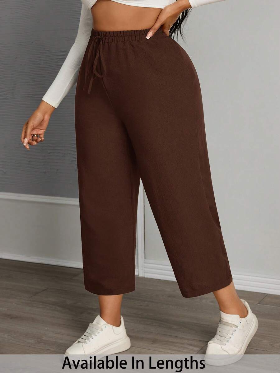 SHEIN PETITE CURVE 女款大尺碼純色腰部綁帶寬腿休閒九分褲 - 咖啡棕 - 查看 1
