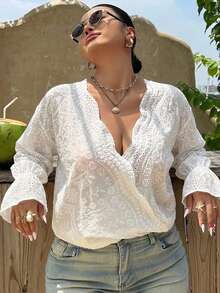 Livesso V-Neck Elegant Lace Blouse With Asymmetric Front Closure, Short Sleeve, Plus Size Women's White Shirt For Spring/Summer - White - View 5