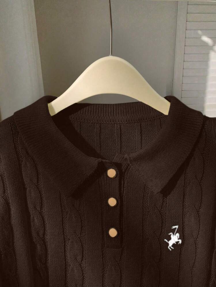 Franclia Contrast Trim Minimalist Long Sleeve Embroidered Polo Neck Knit Sweater - Coffee Brown - View 8