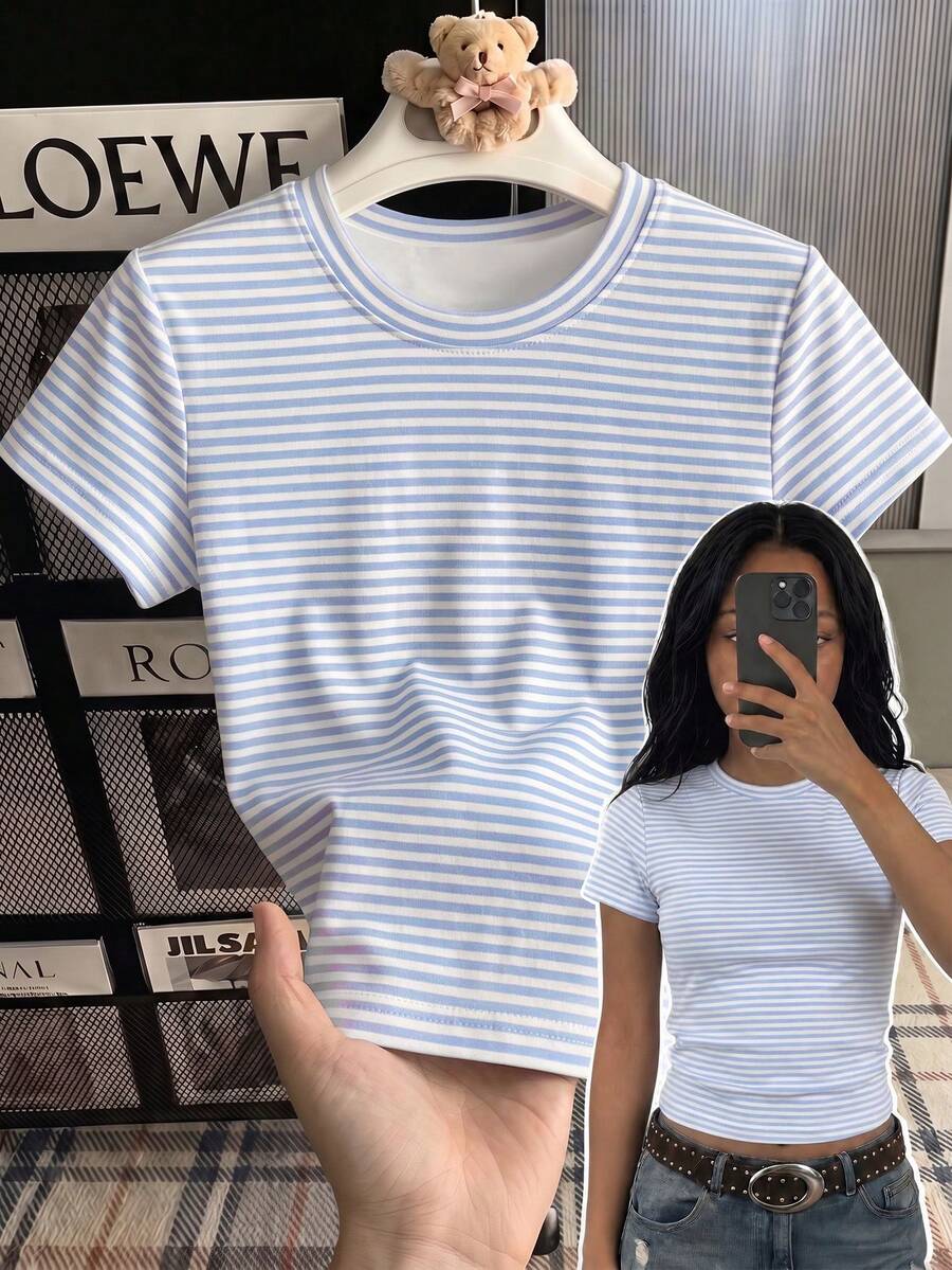 復古藍白條紋休閒風女童修身基本款舒適圓領貼身長版短袖T恤,適合春夏秋冬,適合戶外、街頭風、校園、開學季、秋季疊穿 - 彩色 - 查看 1