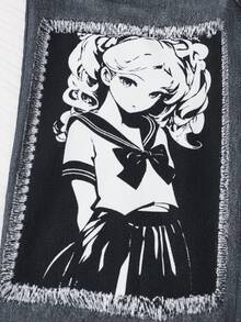 SHEIN 青少年女孩秋季套裝 3 件組，秋季上衣，秋季動漫風格，短款漸層條紋長袖圓領套頭上衣，大印花... - 黑色 - 查看 5