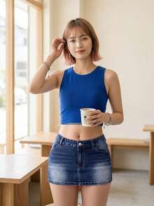 SHEIN PETITE 女款鈕扣拉鍊口袋牛仔裙 - 深色水洗藍 - 查看 6