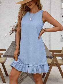 SHEIN LUNE Plus Size Summer Casual Ruffle Hem Denim Dress - Blue - View 9