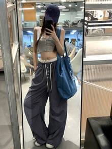 DAZY 女款休閒條紋寬鬆韓系拼色二合一長褲 秋季 - 黑色 - 查看 2