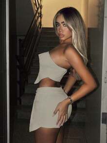 SHEIN ICON Zip Up Bandana Hem Crop Tube Top & Bodycon Skirt - Grey - View 6