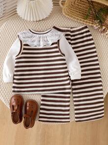 3pcs Genkimix Young Girl Ruffle Collar Fitted Solid Color Base Layer Top + Lace Collar Fashion Casual Front Button Vest + Fashion Casual Solid Color Straight Leg Pants - Brown - View 2