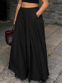 Dazy Plus Old Money Casual Solid Color Loose Pleated Wide Leg Skort Spring Autumn Long Pants - Black - View 3