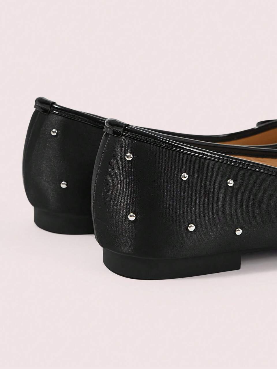 CUCCOO DOLLMOD Women Shoes Four Seasons Comfortable Rivets Decorative Bows Round Toe Flat Heel Flat Bottom Delicate Satin Material Black Shoes Daily Out