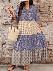 EMERY ROSE Vestido largo amarillo de mujer talla grande con escote en V profundo, mangas con volantes y bajo multicapa, adecuado para el verano - Púrpura malva - Ver 1