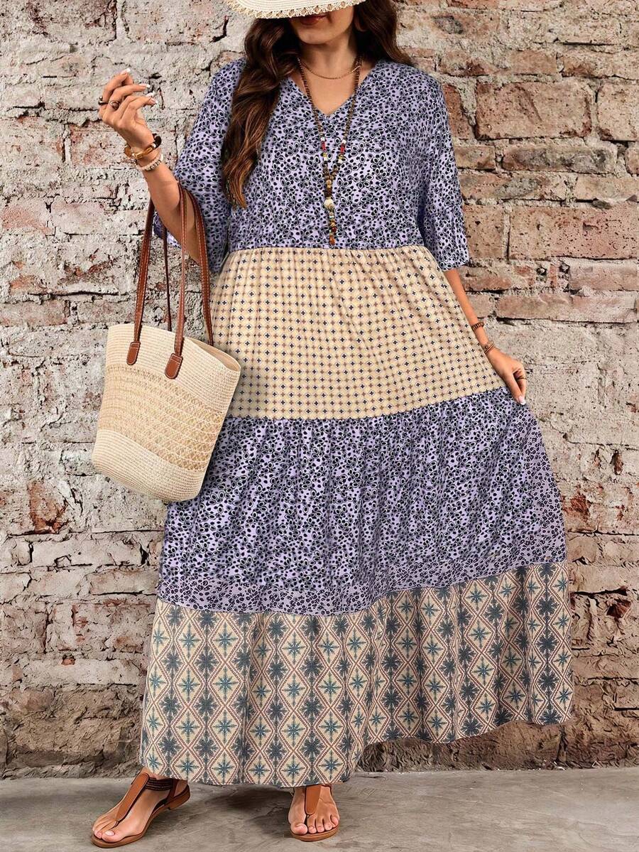 EMERY ROSE Vestido largo amarillo de mujer talla grande con escote en V profundo, mangas con volantes y bajo multicapa, adecuado para el verano - Púrpura malva - Ver 1