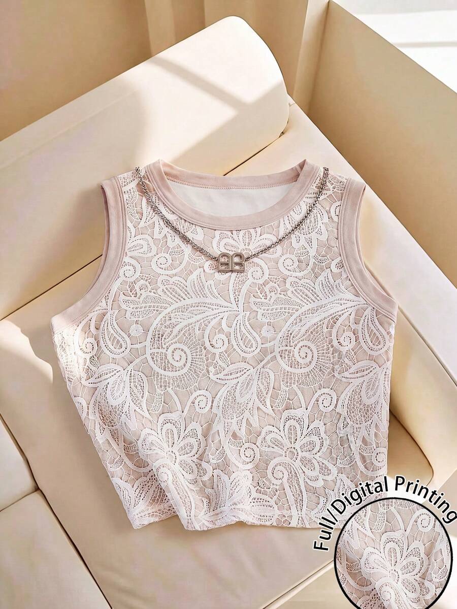Resyla Women's Spring/Summer New Hot-Selling Faux Lace Print Fitted Versatile Tank Top - Multicolor - View 1