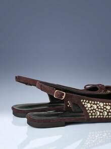 CUCCOO GRLICON French Retro Dark Brown Rivet Pointed Back Strap Flats, Niche Bow Design Sandals Fall Shoes - dark brown - View 5