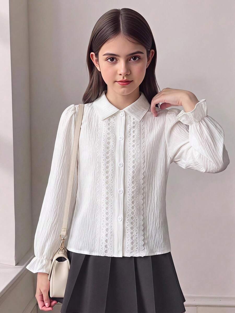 SHEIN 青少年女孩荷葉邊飾泡泡袖鈕扣襯衫,長袖上衣女式襯衫,秋冬款 - 白色 - 查看 1