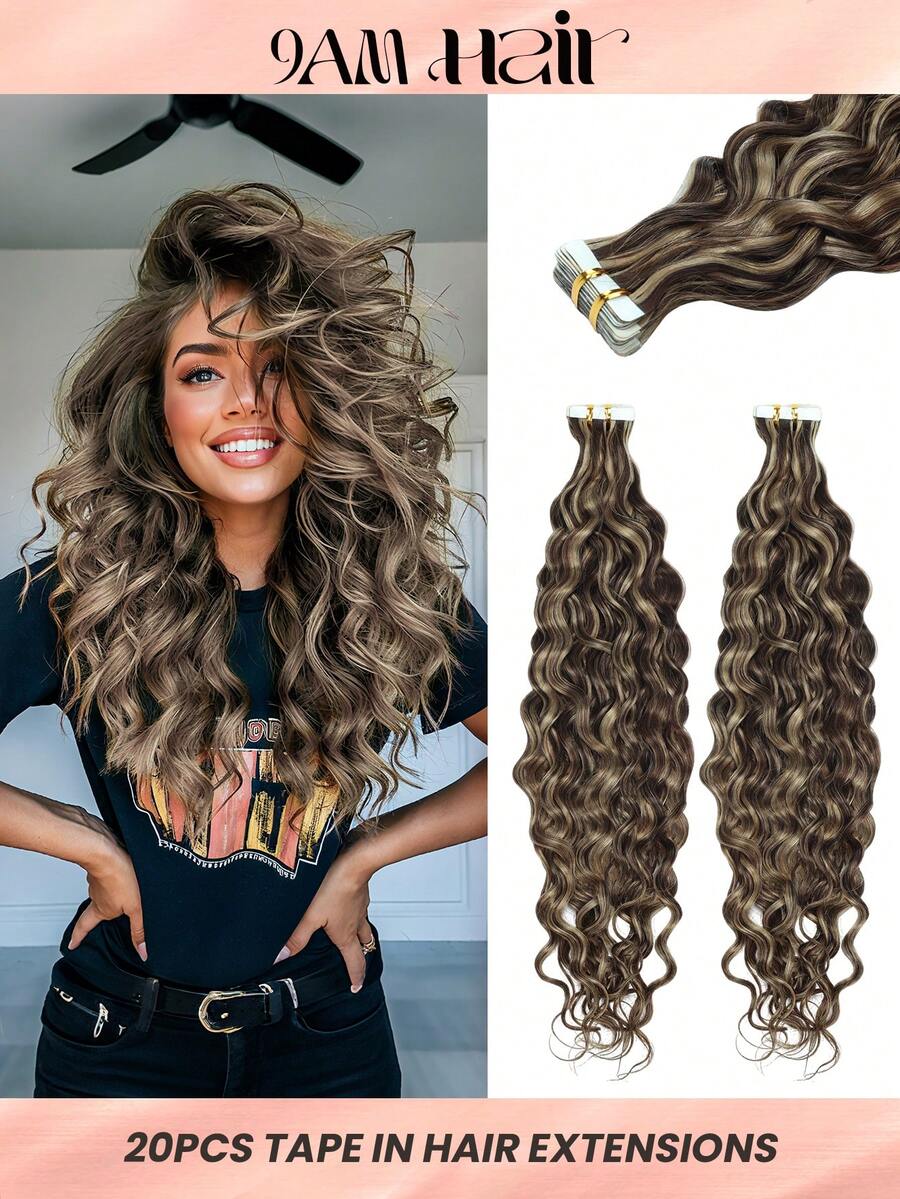 Water Wave Tape In Hair Extensions Remy Human Hair #P4/27 Brown 20Pcs 50G Virgin Hair Extensions Real Hair Extensions - S4/27 - View 1