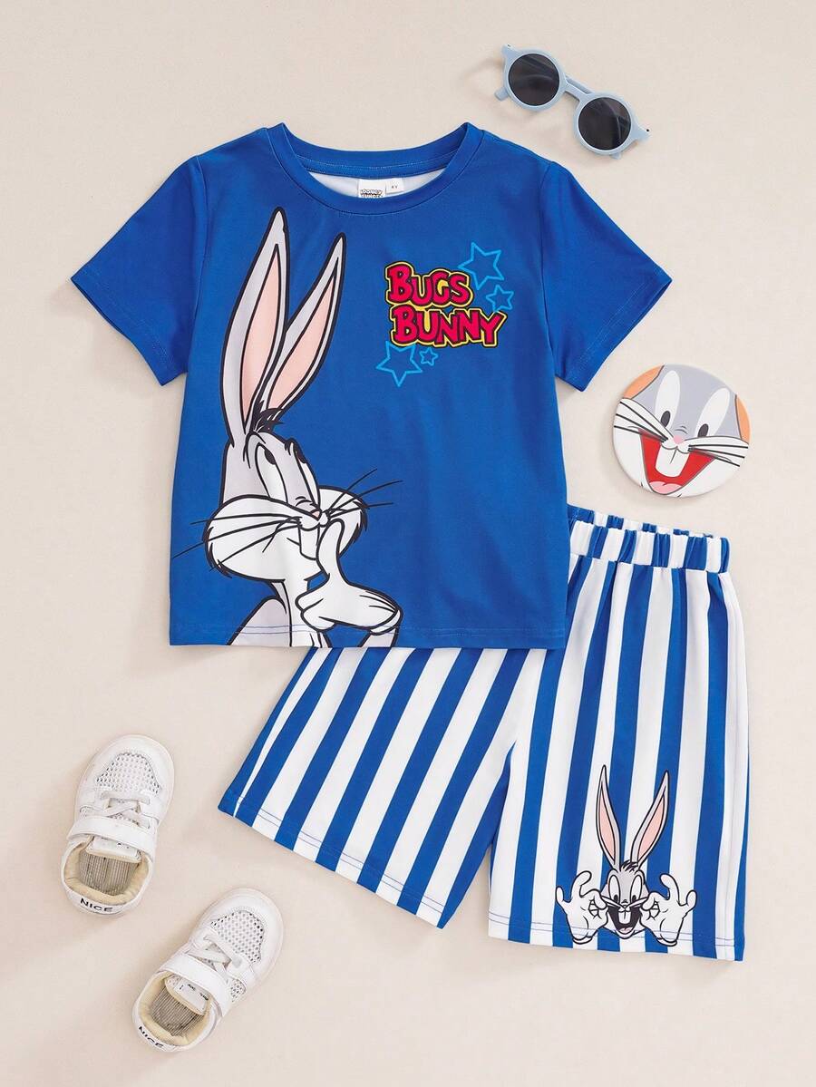 LOONEY TUNES X SHEIN 小男孩卡通印花T恤短褲套裝 - 藍色 - 查看 1