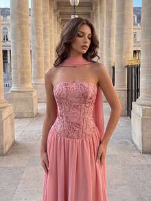 Poshira Women's Jacquard Ribbon Design Elegant Luxurious Cocktail Dress - Pink - View 4
