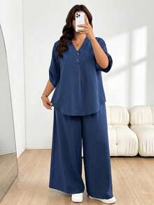 SHEIN Essnce Plus Size Casual Shirt Pants 2 Pieces Set Daily Going Out Vacation Formal For Women Summer Office Business Work Navy Blue - Blue - View 2