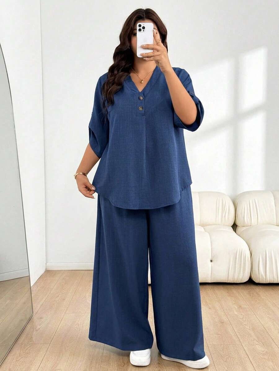 SHEIN Essnce Plus Size Casual Shirt Pants 2 Pieces Set Daily Going Out Vacation Formal For Women Summer Office Business Work Navy Blue