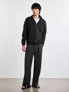 Merionis Herren-Sweatshirt mit hohem Baumwollanteil, weich und bequem, einfarbig, mit halbem Reißverschluss, langen Ärmeln, lässig, Basic, für Urlaub, Reisen, Herbst - Schwarz - Übersicht 8