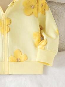 SHEIN 女嬰甜美極簡花卉3D效果印花連帽拉鍊長袖抓絨衛衣外套，柔軟面料，適合秋冬外出穿著 - 彩色 - 查看 5