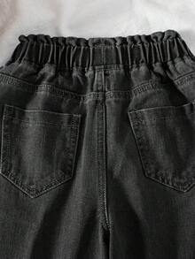 SHEIN 青少年女孩牛仔寬腿長褲，深灰色，休閒街頭風百搭極簡日常校園，彈性腰帶，寬鬆版型，度假夏季 - 黑色 - 查看 5
