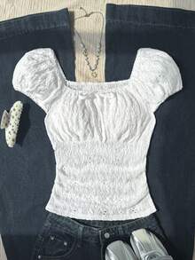 青少年女孩休閒優雅蕾絲荷葉領泡泡袖修身短袖T恤，白色襯衫，白色蕾絲襯衫，適合茶會、夏季穿著、約會、時尚穿搭、通勤、優雅、海灘、波希米亞、夏威夷、音樂節、春季/夏季 - 白色 - 查看 4
