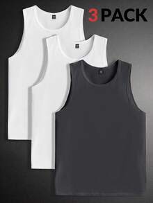 Manfinity VCAY 3pcs/Pack Men's Casual Solid Color Knit Sleeveless Tank Top, Suitable For Daily Wear, Vacation, Father's Day Gifts, Football - Multicolor - View 1
