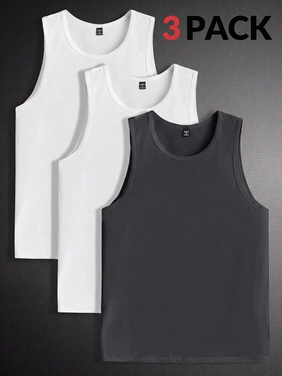 Manfinity VCAY 3pcs/Pack Men's Casual Solid Color Knit Sleeveless Tank Top, Suitable For Daily Wear, Vacation, Father's Day Gifts, Football - Multicolor - View 1