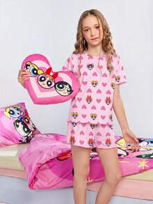 THE POWERPUFF GIRLS X SHEIN 青少年女孩全印花短袖上衣與短褲休閒日常居家睡衣套裝 - 粉色 - 查看 6