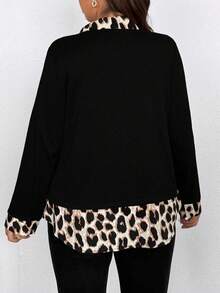 SHEIN CURVE+ Kemeja Kasual Kerah Bergelombang dengan Motif Leopard, Lengan Panjang, Blus Wanita Ukuran Besar yang Nyaman dan Serbaguna untuk Musim Semi, Gugur, dan Musim Dingin. - Hitam - View 2