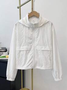 SHEIN 青少年女孩編織素色貼袋短版寬鬆休閒街頭風連帽冬季外套 開學季 白色 秋季 - 白色 - 查看 3