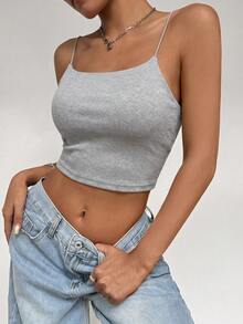 SHEIN Allurite Unity 1件女款純色加厚內墊細肩帶背心上衣，情人節新年款 - 灰色 - 查看 5
