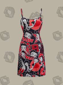 Betty Boop x SHEIN 女士爱心波点卡通复古少女图案黑色吊带睡裙，休闲百搭，日常夏季穿着 - 紅色 - 查看 1
