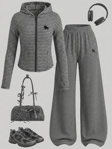SHEIN Elladie kids 青少年女孩秋季套裝 2件/套 韓式休閒運動賽車風 淺灰色條紋連帽拉鍊運動服 羅紋針織面料 柔軟校園休閒 - 深灰色 - 查看 4
