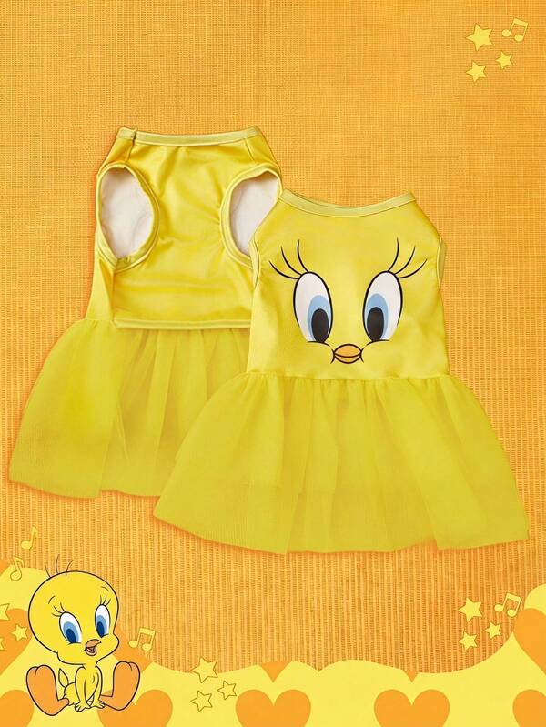 LOONEY TUNES X PETSIN 1 pieza Vestido para mascota con estampado de patito amarillo, estilo minimalista y lindo, súper suave y amigable con la piel, tela transpirable, anti-pulgas, menos desprendimiento de pelo, mantiene a la mascota cómoda todo el día, perfecto para juego en interiores o paseo al aire libre