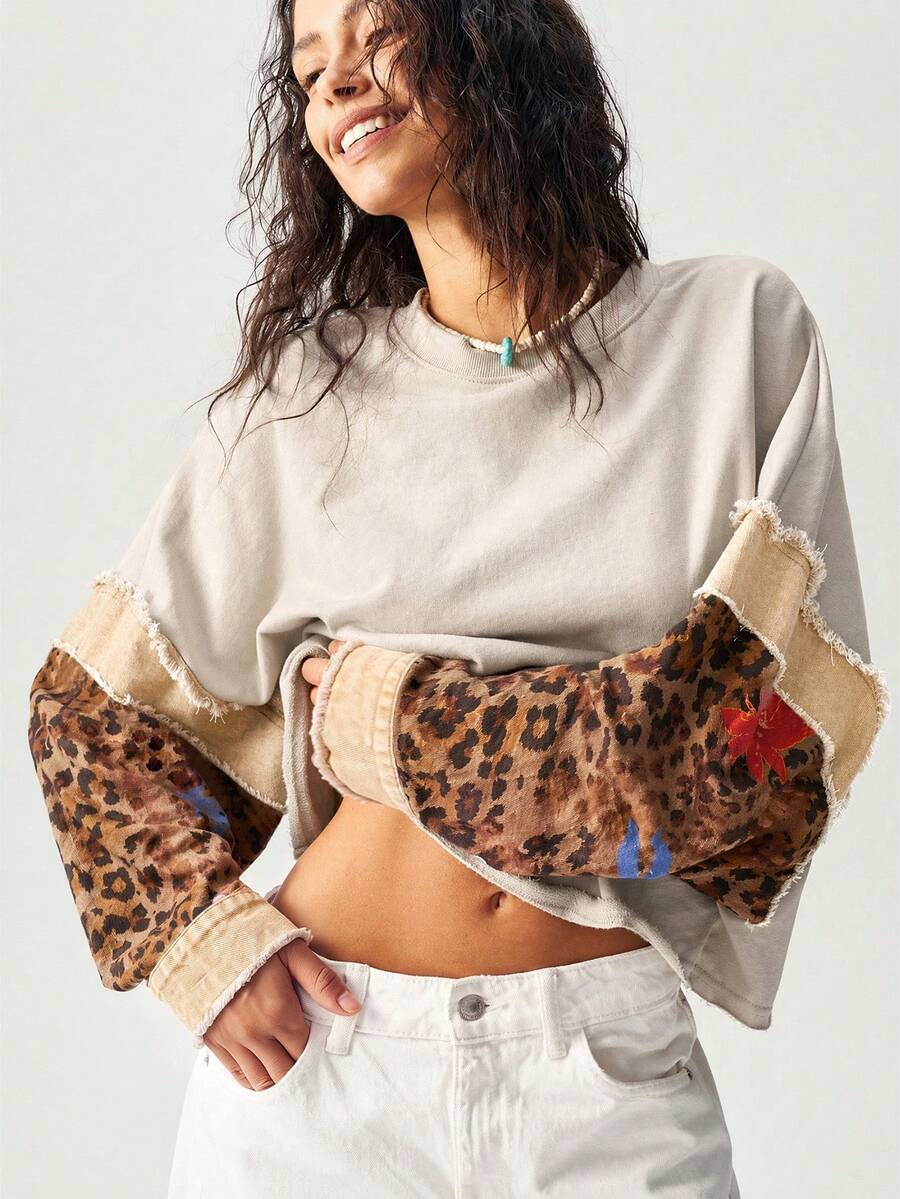 Bohemela Avslappnad lös sweatshirt för kvinnor med patchwork - Aprikos - Visa 1